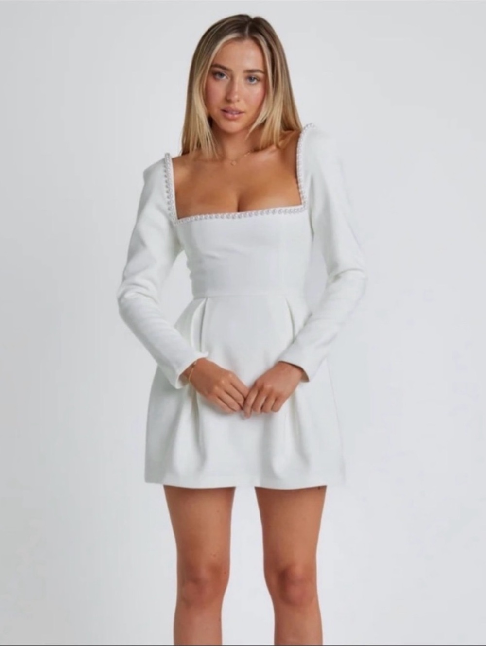 Square-Neck Long Sleeve White Mini Dress